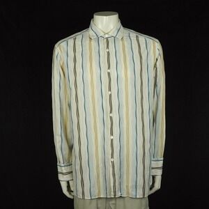 Jhane Barnes Button Down Shirt Mens XL Beige Striped Dress Woven Cotton Blend
